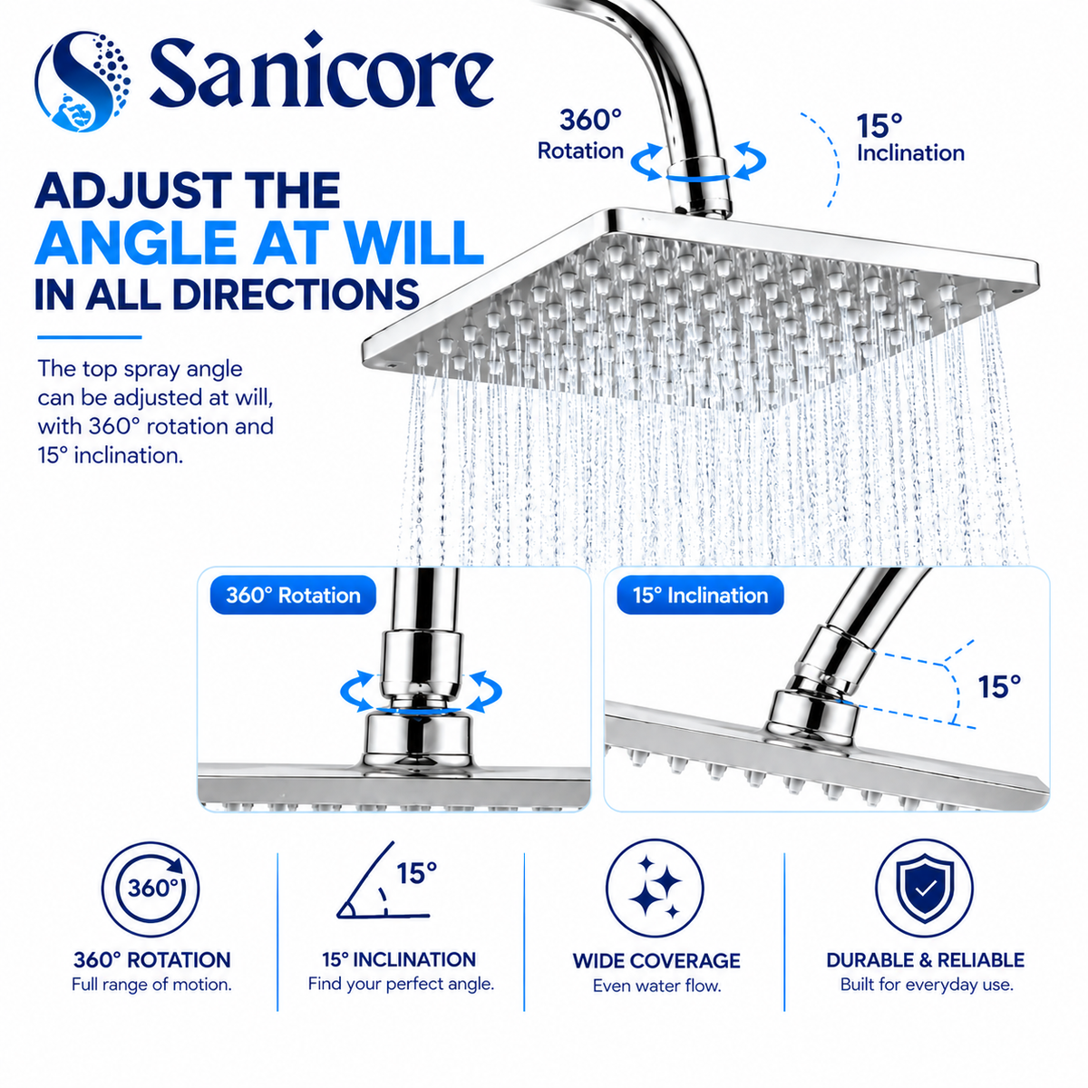 Sanicore™ Premium Square Rain Shower Head | SUS 304 Stainless Steel