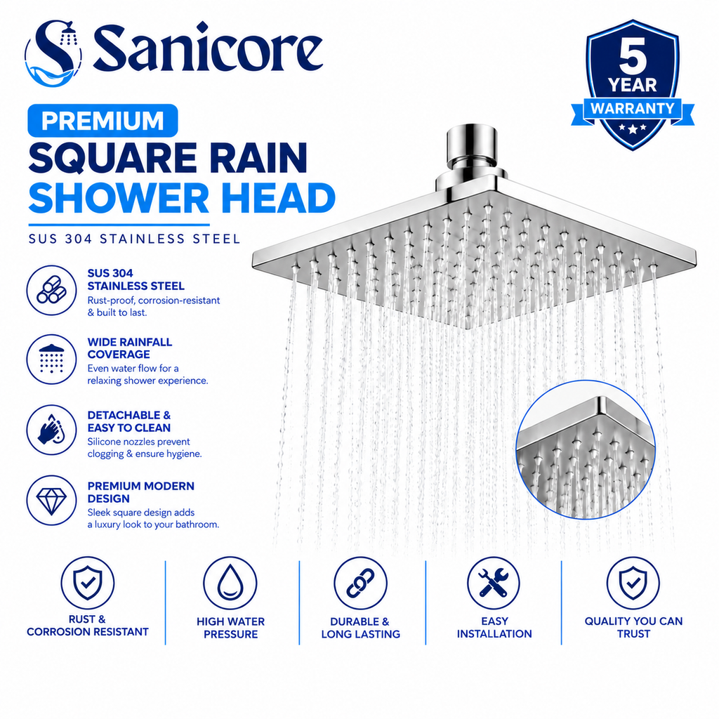 Sanicore™ Premium Square Rain Shower Head | SUS 304 Stainless Steel