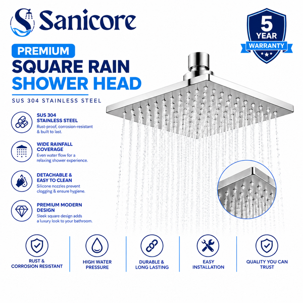 Sanicore™ Premium Square Rain Shower Head | SUS 304 Stainless Steel