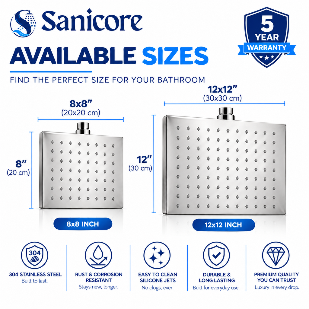 Sanicore™ Premium Square Rain Shower Head | SUS 304 Stainless Steel