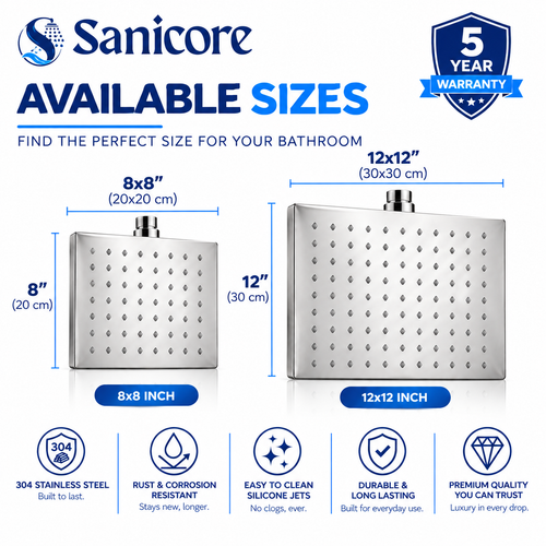 Sanicore™ Premium Square Rain Shower Head | SUS 304 Stainless Steel