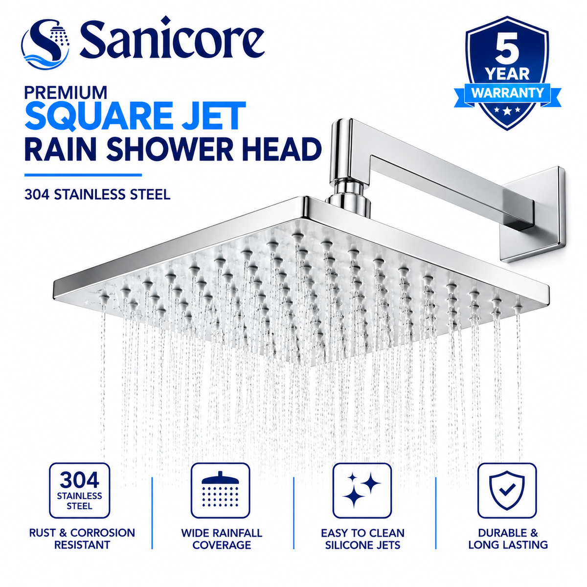 Sanicore™ Premium Square Rain Shower Head | SUS 304 Stainless Steel