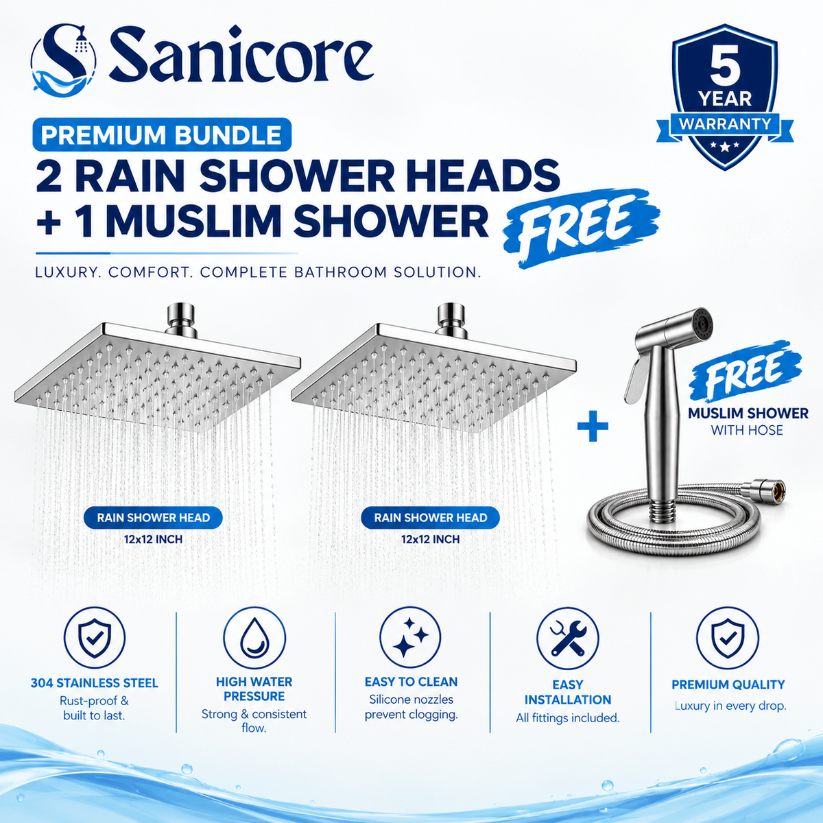 Sanicore™ Premium Square Rain Shower Head | SUS 304 Stainless Steel